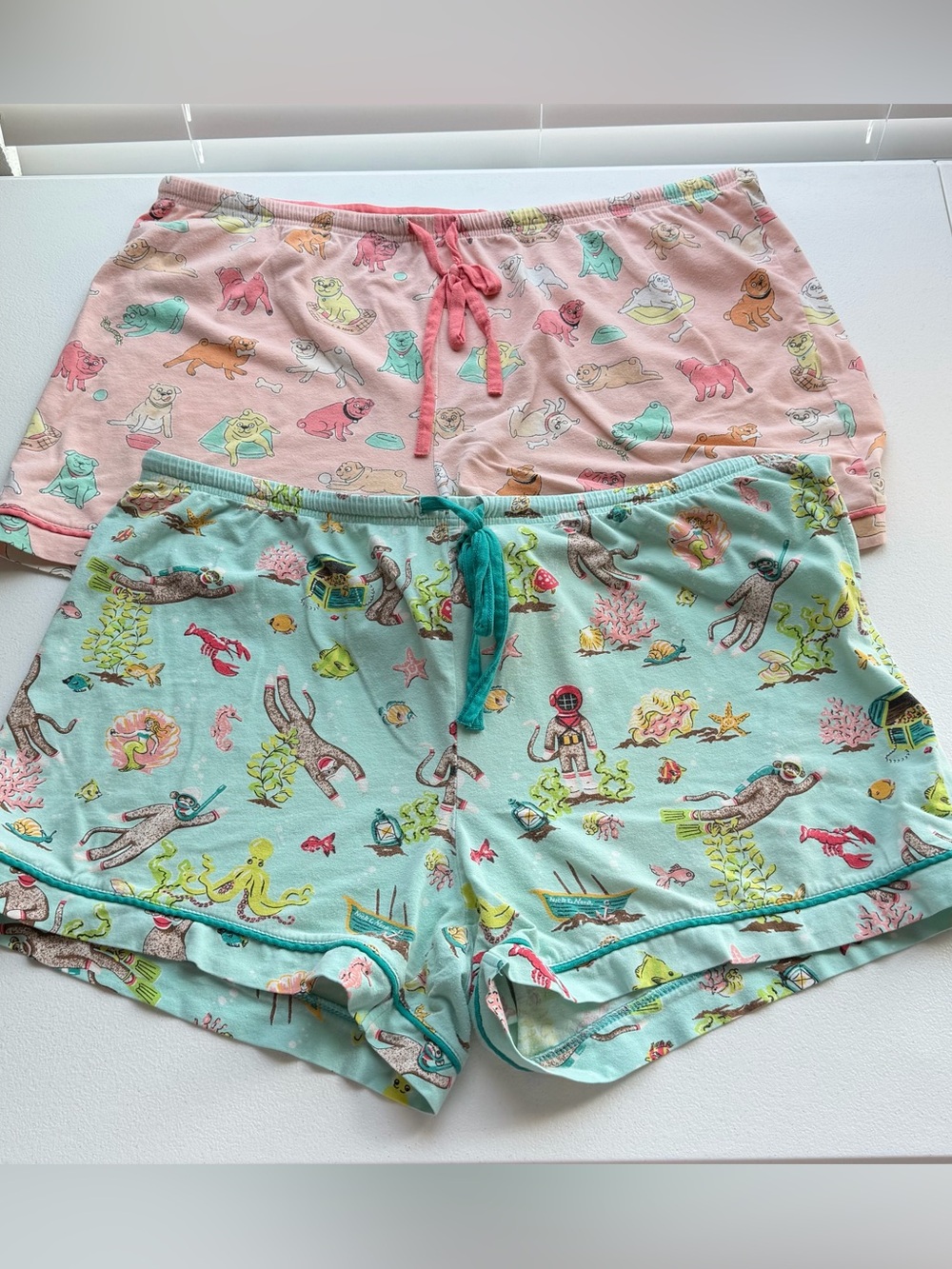 Nick & Nora Two-Pair Cotton Lounge Shorts in Pink & Aqua
